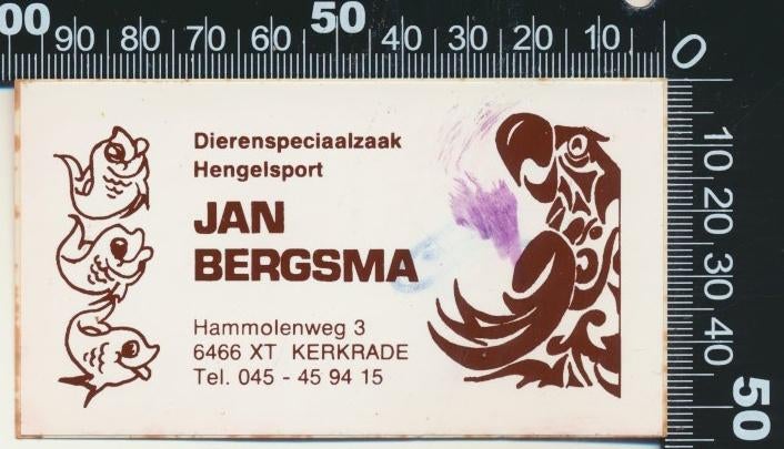 Sticker: Jan Bergsma Dierenspeciaalzaak Hengelsport Kerkrade, Ophalen of Verzenden, Zo goed als nieuw, Dier en Natuur