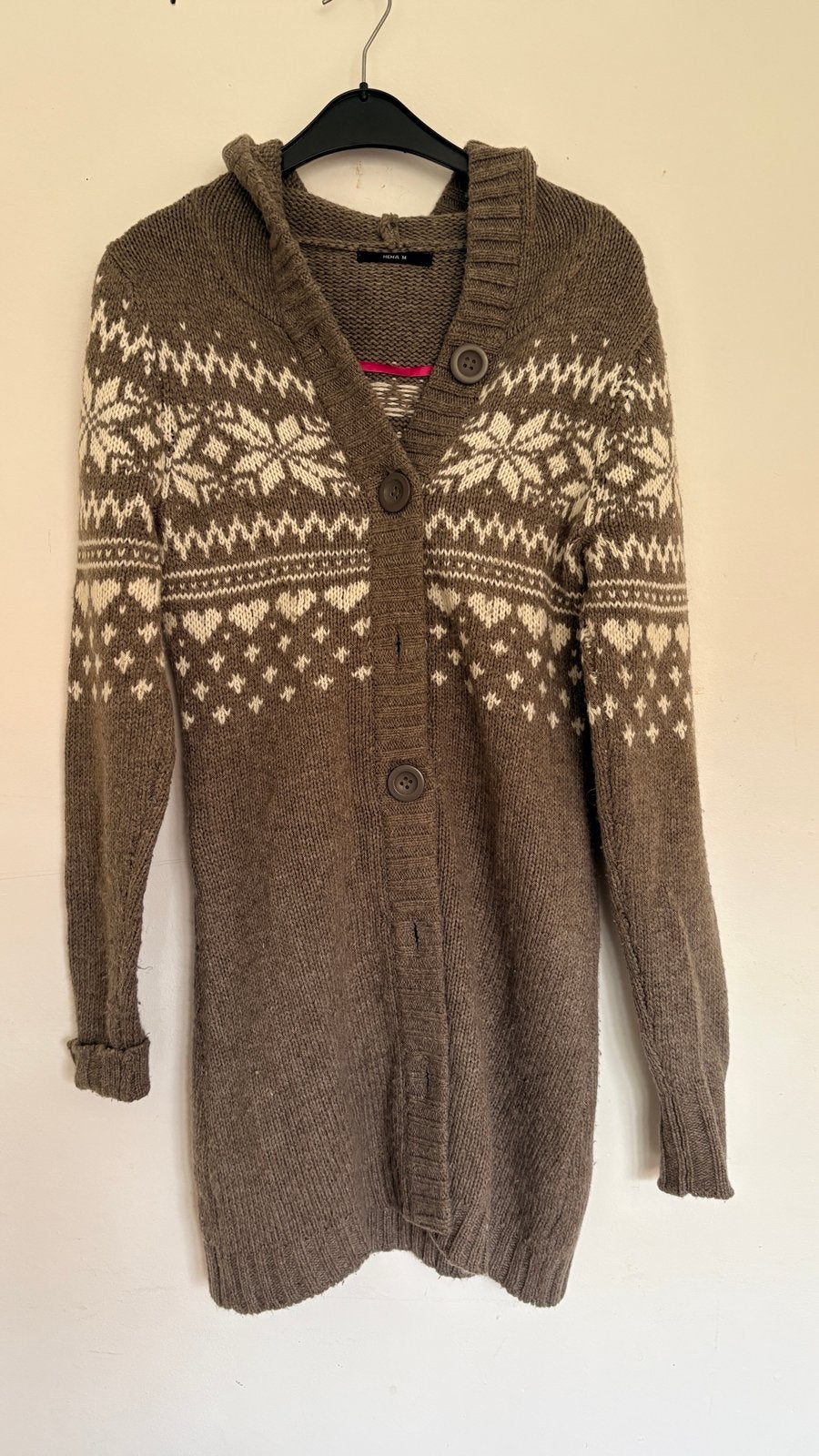 Heerlijk warm lang vest Noorse print en capuchon - Maat M, Ophalen of Verzenden, Zo goed als nieuw, Maat 38/40 (M), Bruin