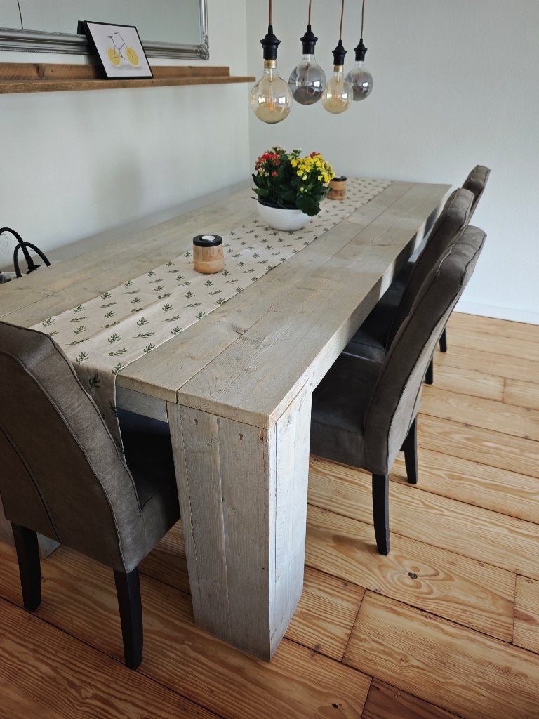 Steigerhout eettafel 2,5 m met bijpassende bank, op maat, Ophalen, Gebruikt, 200 cm of meer, 50 tot 100 cm