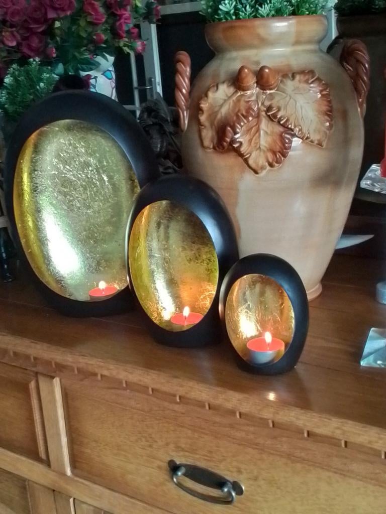 Zwart gouden theelichthouders set - 3 stuks, Huis en Inrichting, Woonaccessoires | Kandelaars en Kaarsen, Zwart, Nieuw, Ophalen of Verzenden