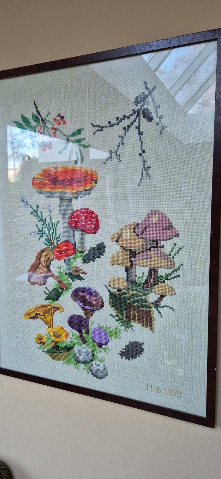 Vintage Handgeborduurd Paddenstoelen Schilderij Jaren '70, Ophalen, Zo goed als nieuw