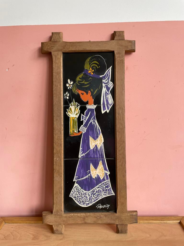 Vintage jaren '50 tegeltableau meisje met bloemen, Ophalen of Verzenden