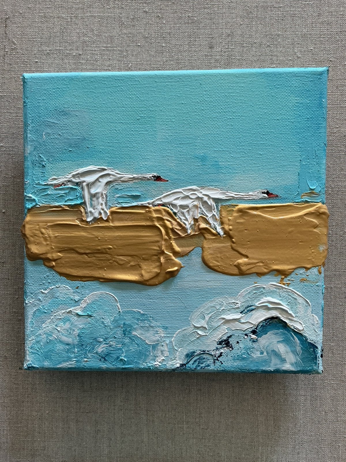 Twee zwanen ~ zwaan ~ kleintje kunst schilderij ~ atelier, Ophalen of Verzenden, Zo goed als nieuw, Minder dan 50 cm, Schilderij