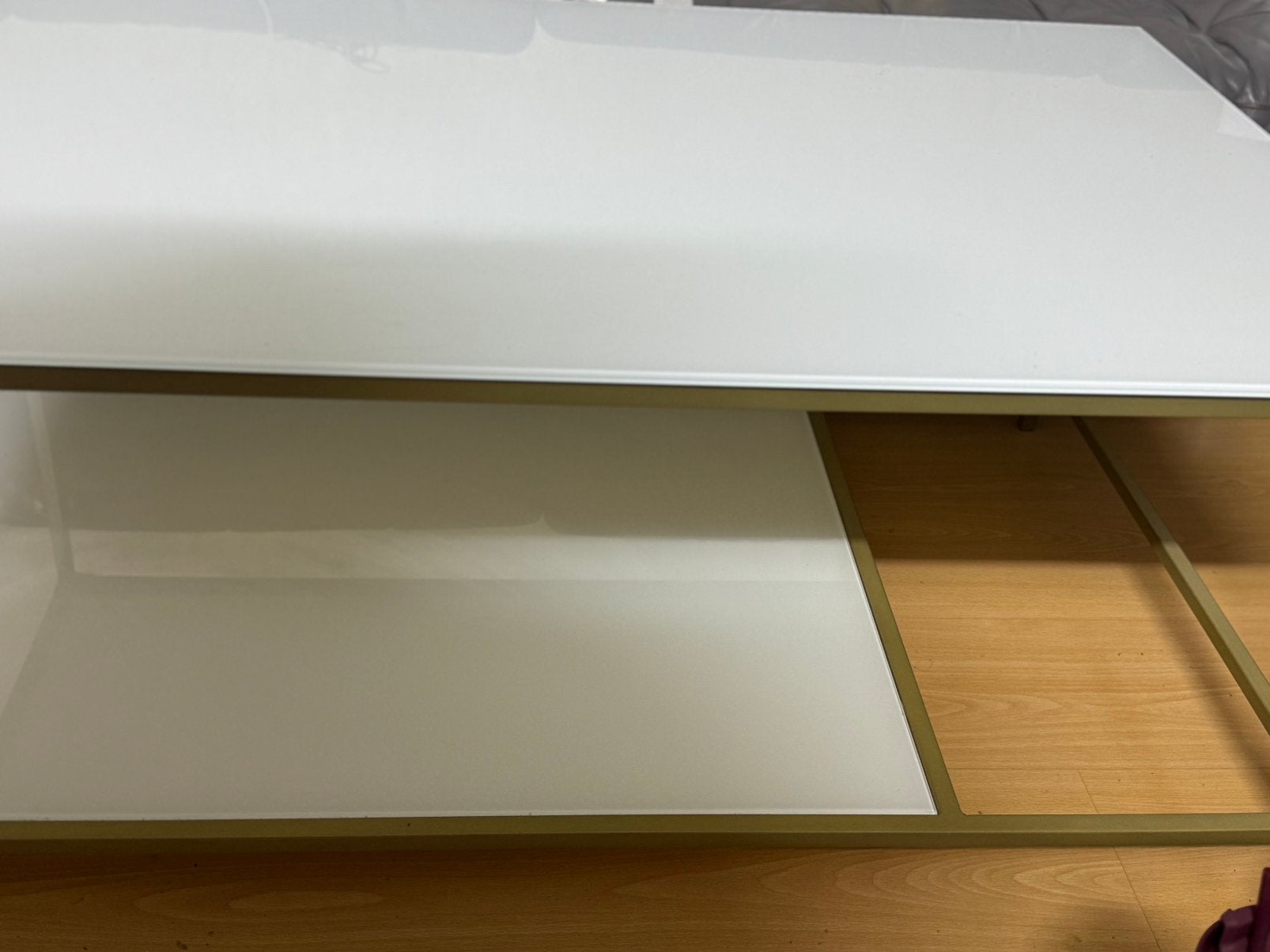 Salontafel met glazen platen en gouden randen, Ophalen, Gebruikt, 100 tot 150 cm, 50 tot 100 cm