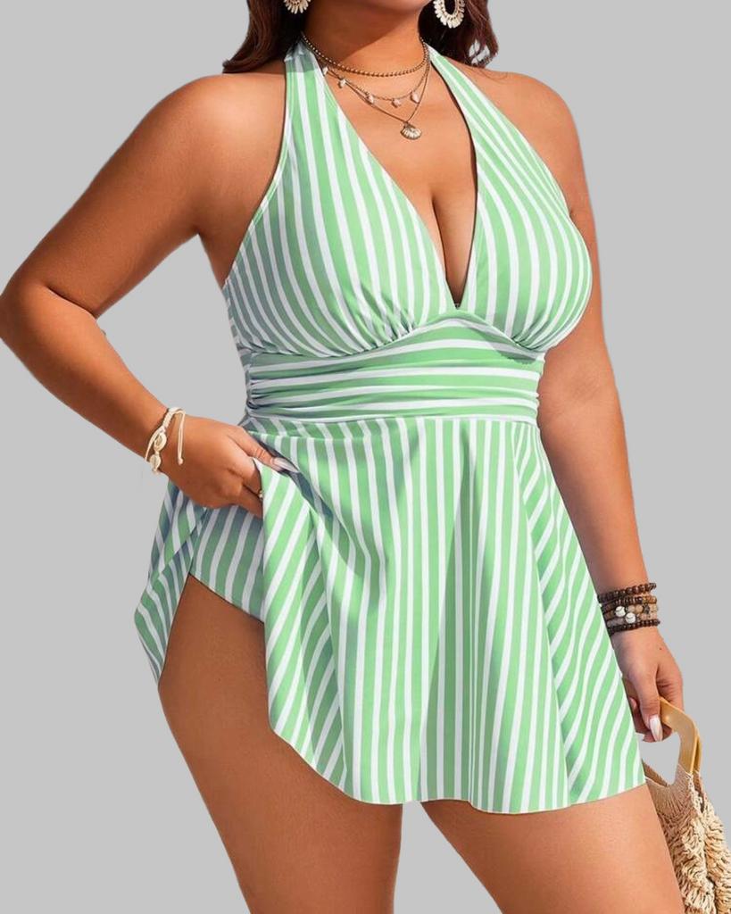 Gestreepte Tankini met Halternek en Rokje (44-52), Verzenden, Nieuw, Groen, Lingerie of Zwemkleding