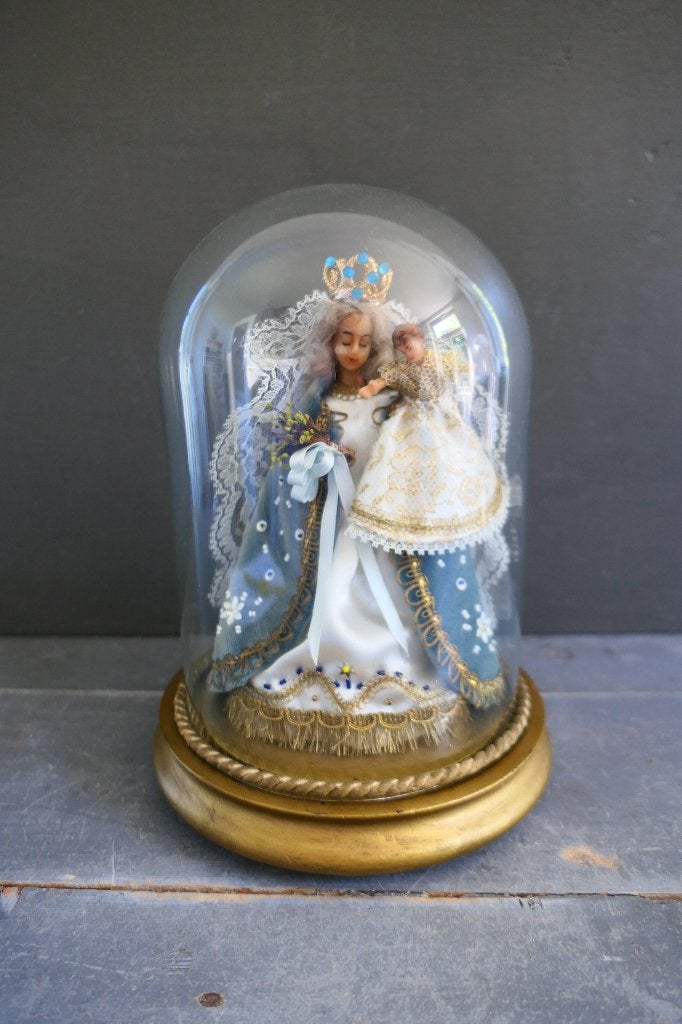 Vintage Madonna met kind pop / beeld onder glazen stolp., Ophalen