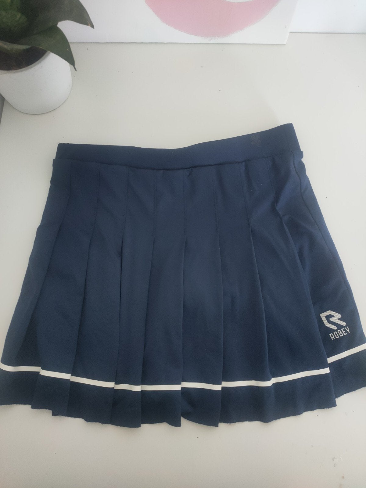 Donkerblauwe Robey plooirok met witte strepen, Blauw, Ophalen of Verzenden, Zo goed als nieuw, Robey