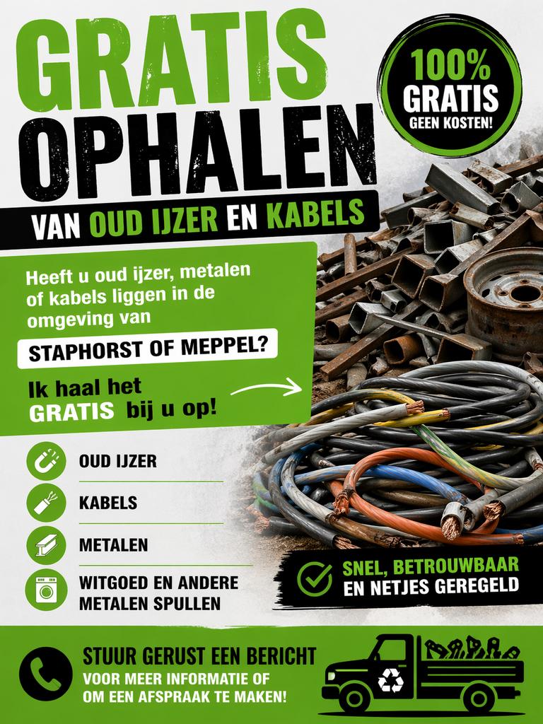 Gratis ophalen van oud ijzer, metalen en kabels, Doe-het-zelf en Verbouw, Metalen, Ophalen, Gebruikt, IJzer