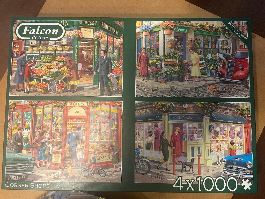Falcon 'the corner shops' 4 x 1000 stukjes, Ophalen of Verzenden, 500 t/m 1500 stukjes, Zo goed als nieuw, Legpuzzel