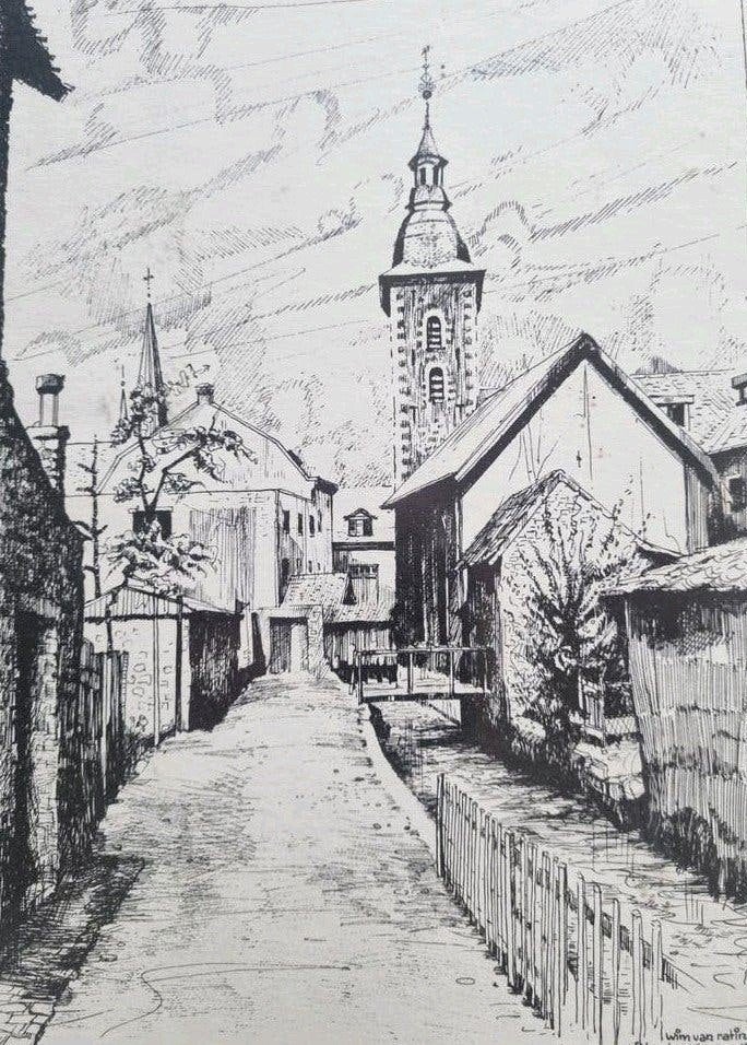 Wim Ratingen pentekening"Klein Venetië"Gruizenstraat"Sittard, Ophalen of Verzenden