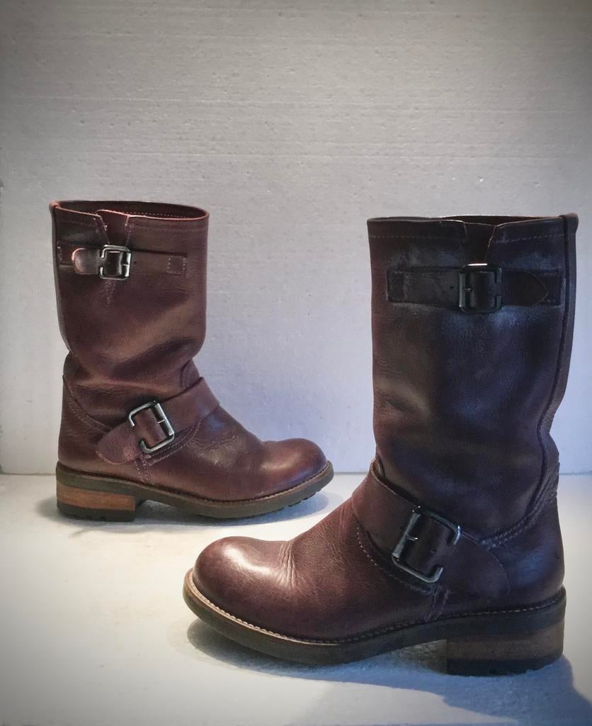 Design / biker boots hoge laarzen bruin / wijn rood leer 36, Kleding | Dames, Schoenen, Hoge laarzen, Overige kleuren, Ophalen of Verzenden