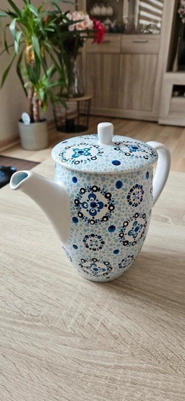 Johnson Brothers “Cool Mist” theepot – stoneware – blauw/wit, Overige merken, Ophalen of Verzenden, Zo goed als nieuw, Aardewerk