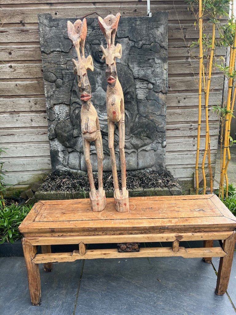 Afrikaans houtsnijwerk vintage echtpaar man vrouw set 92 cm, Overige onderwerpen, Beeld, Hout, Beschilderd