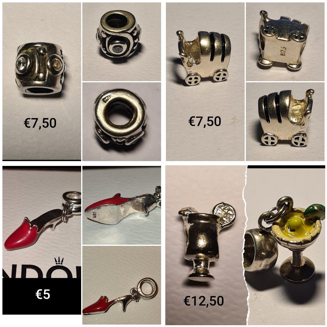 Zilveren bedels 5 stuks * kinderwagen strass cocktail glazen, Overige merken, Ophalen of Verzenden, Zo goed als nieuw, 4 bedels of meer