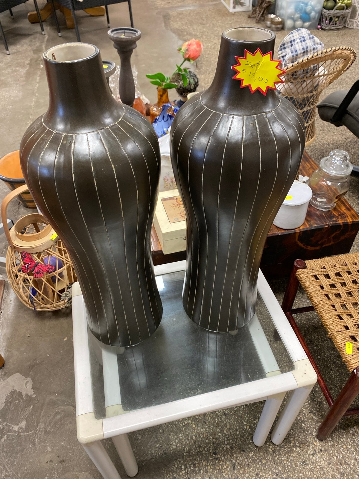 Set van 2 decoratieve vazen, donkerbruin met strepen, Ophalen