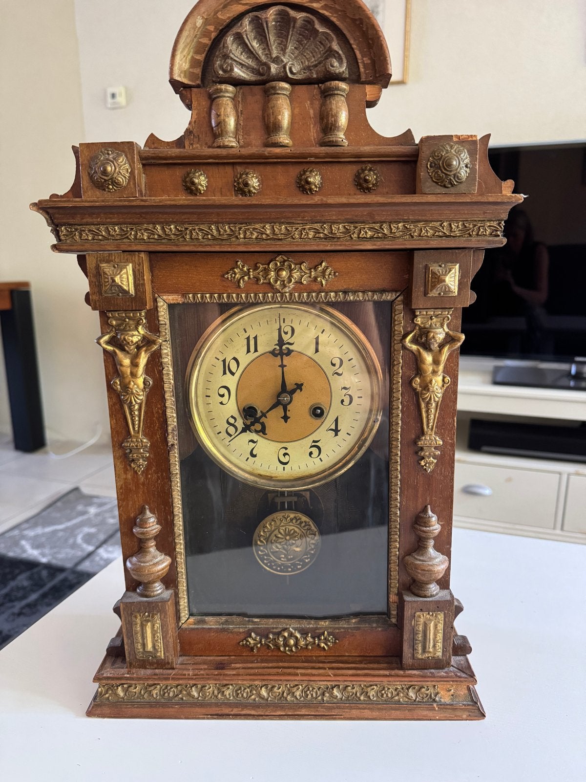Antieke houten schoorsteenmantelklok met slinger, Antiek en Kunst, Ophalen
