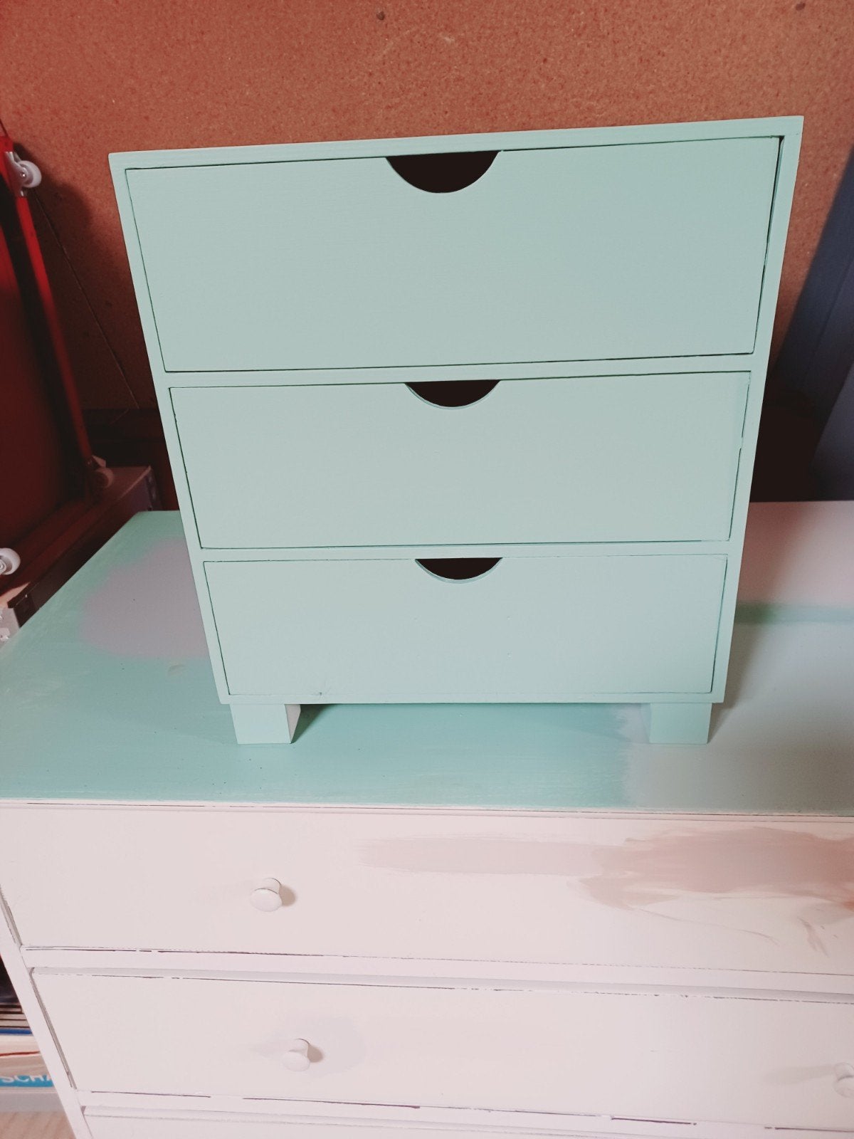 Ladekastje hout 3 laden mini 39h 35b 25d groen, Huis en Inrichting, Kasten | Ladekasten, Minder dan 50 cm, Gebruikt, Ophalen of Verzenden