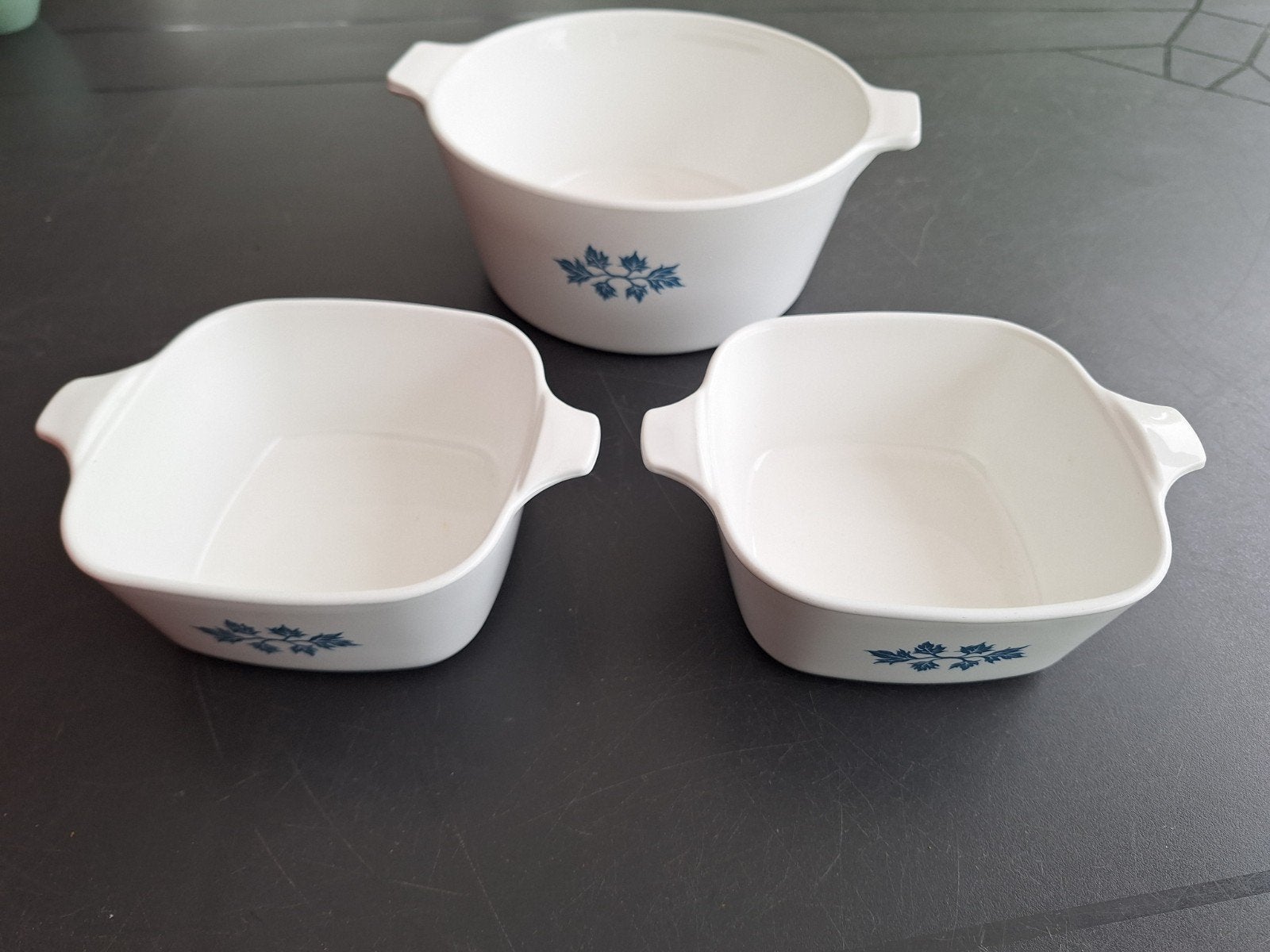 Set van 3 Vintage Pyroflam Ovenschaaltjes Blauw Bladmotief., Huis en Inrichting, Keuken | Servies, Ophalen of Verzenden, Glas