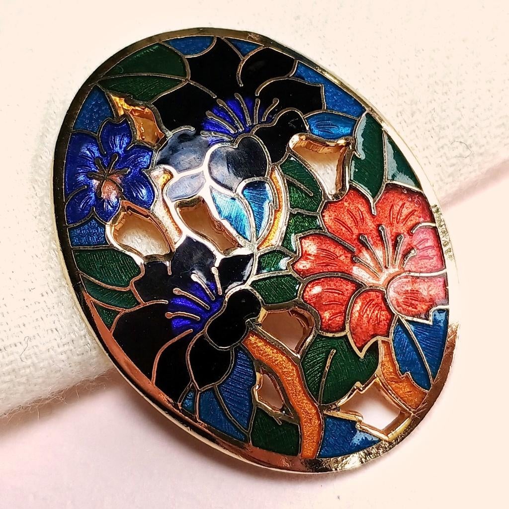 Vintage broche email cloisonné bloemen verguld jaren '70-'80, Overige materialen, 4 tot 7 cm, Gebruikt, Verzenden