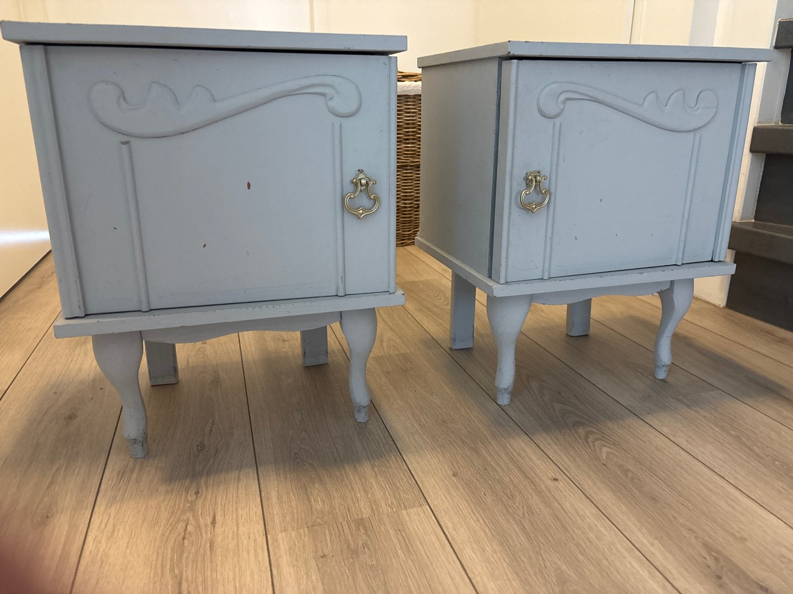 Set van 2 Brocante Nachtkastjes - Grijs, Ophalen, Gebruikt, 55 tot 70 cm, 45 tot 65 cm
