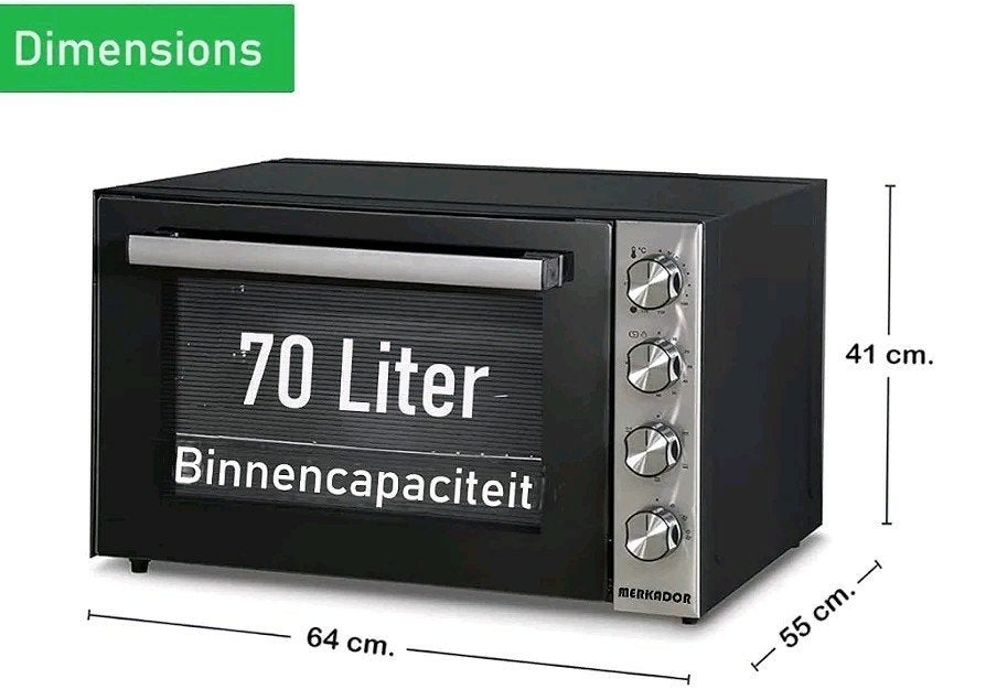 Merkador XXL Oven 70L met Grill en Hete Lucht, Witgoed en Apparatuur, 45 tot 50 cm, Hete lucht, 60 cm of meer, Ophalen of Verzenden