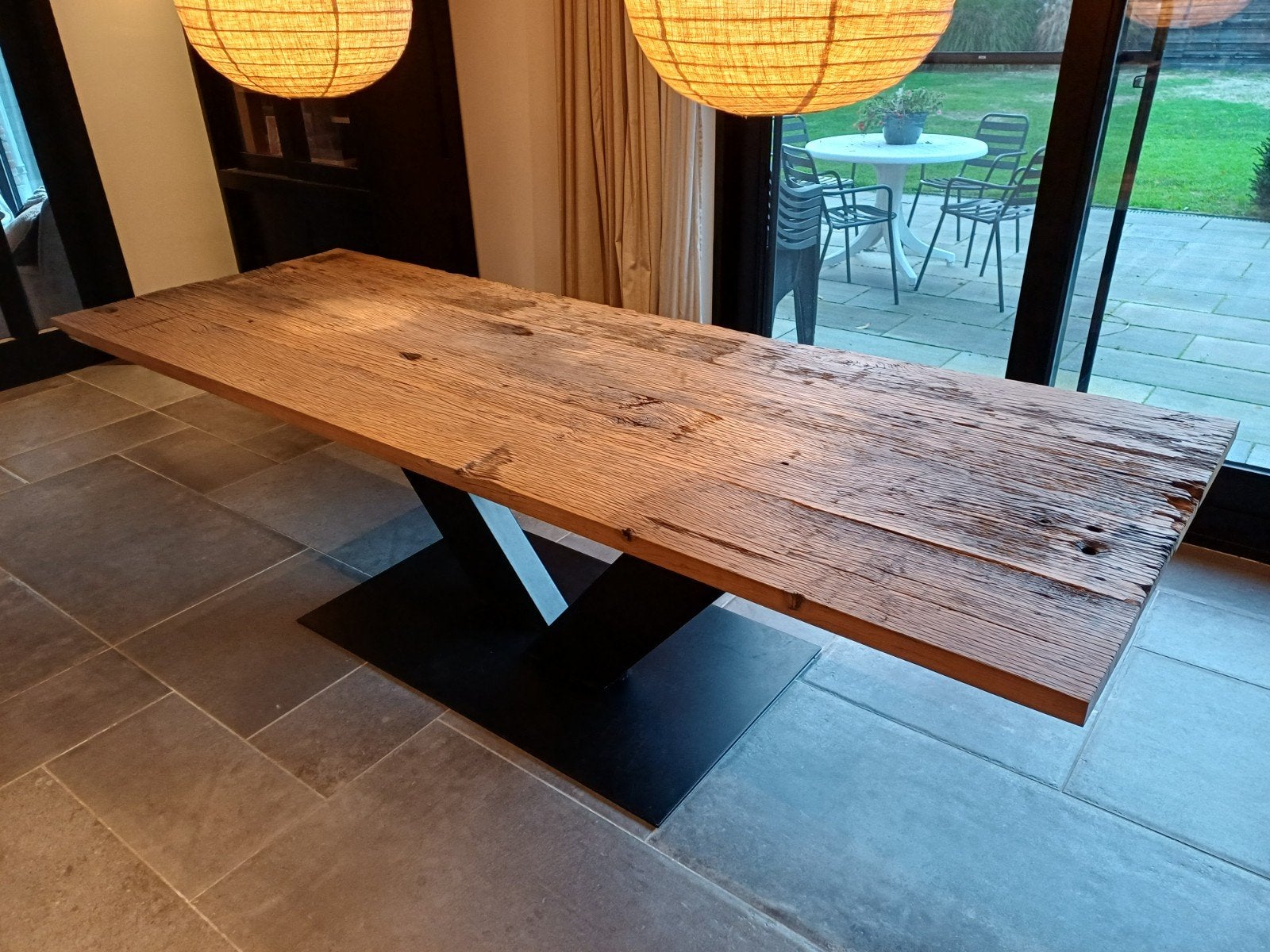Eettafel van oude eiken wagondelen, maatwerk, Ophalen, Eikenhout, 200 cm of meer, 50 tot 100 cm