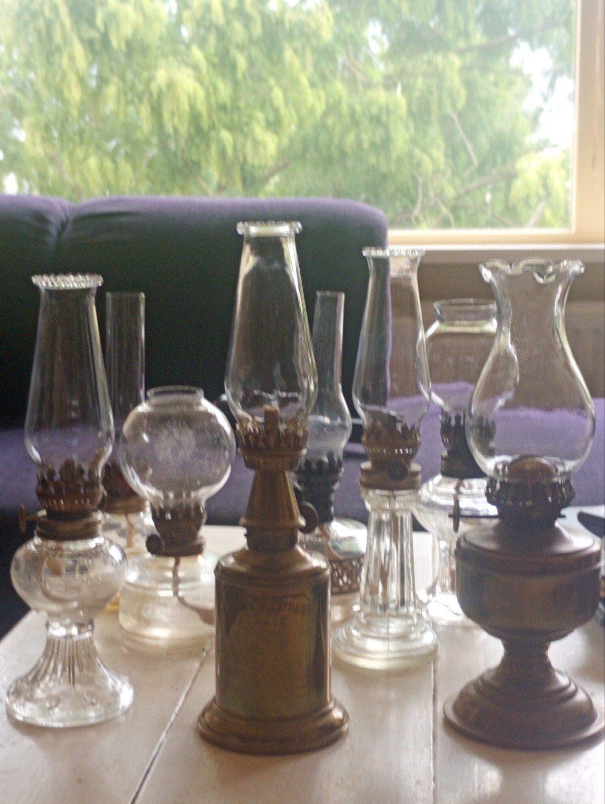 Antieke olielampen, messing en glas, Ophalen
