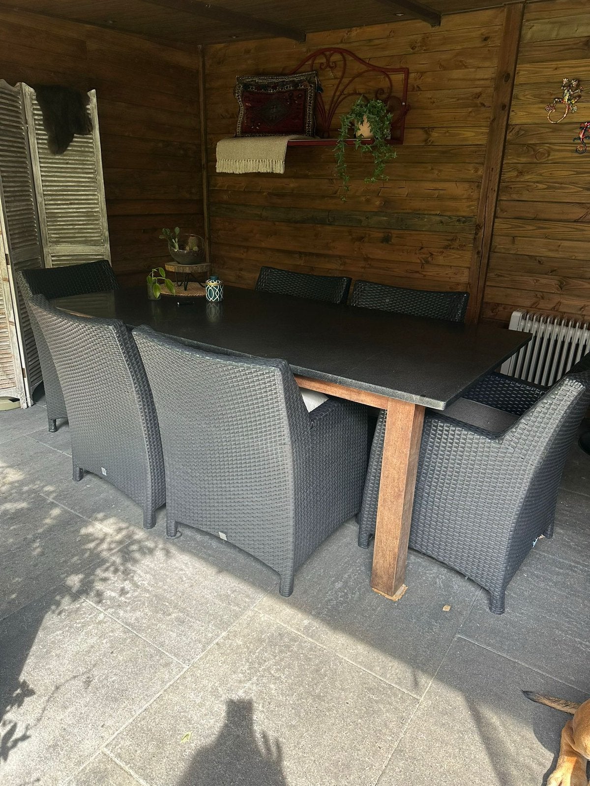 Tuintafel met granieten tafelblad en teakhout onderstel, Ophalen, Gebruikt, 6 zitplaatsen, Teakhout