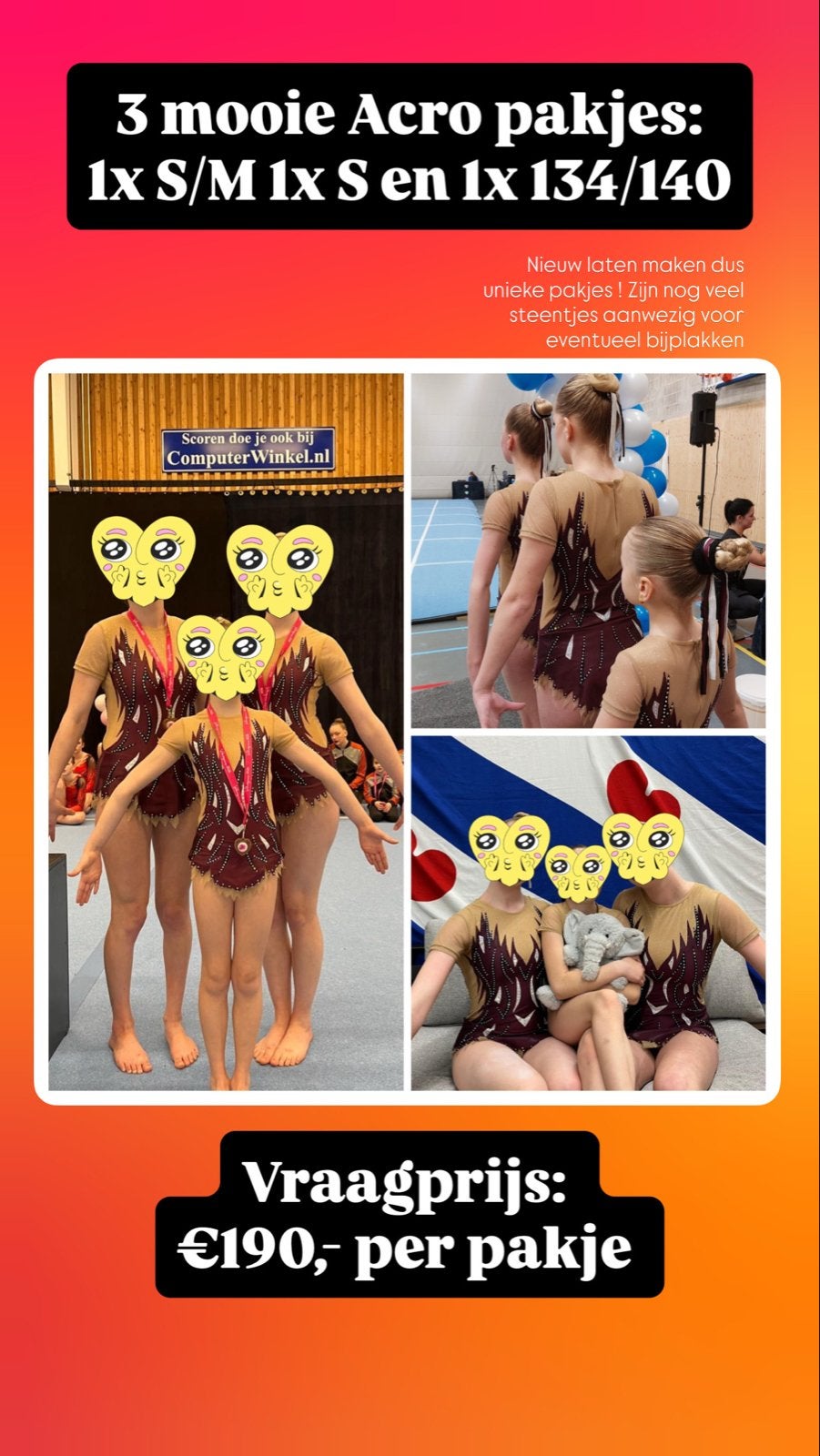 3 unieke Acro turnpakjes - S /S en 134/140, Overige kleuren, Zo goed als nieuw, Turnpak(je), Kindermaat 122 t/m 140