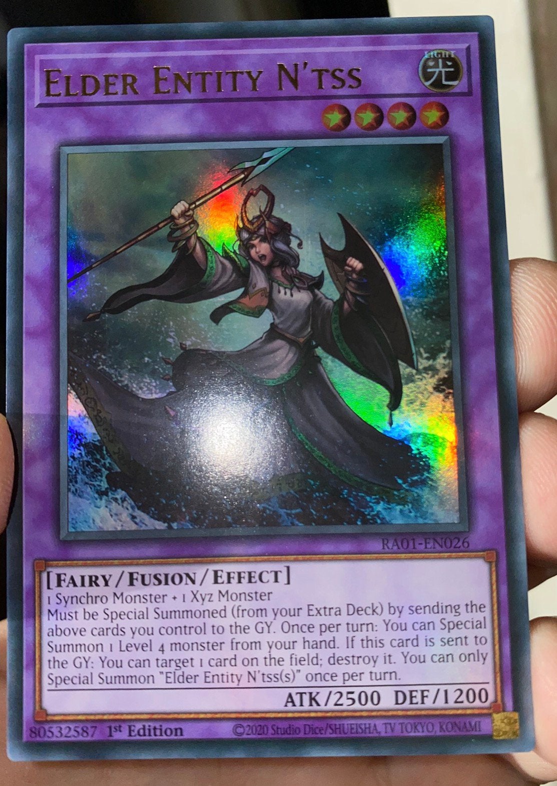 Yu-Gi-Oh! Elder Entity N'tss RA01 1st Edition !, Ophalen of Verzenden, Zo goed als nieuw, Losse kaart, Foil