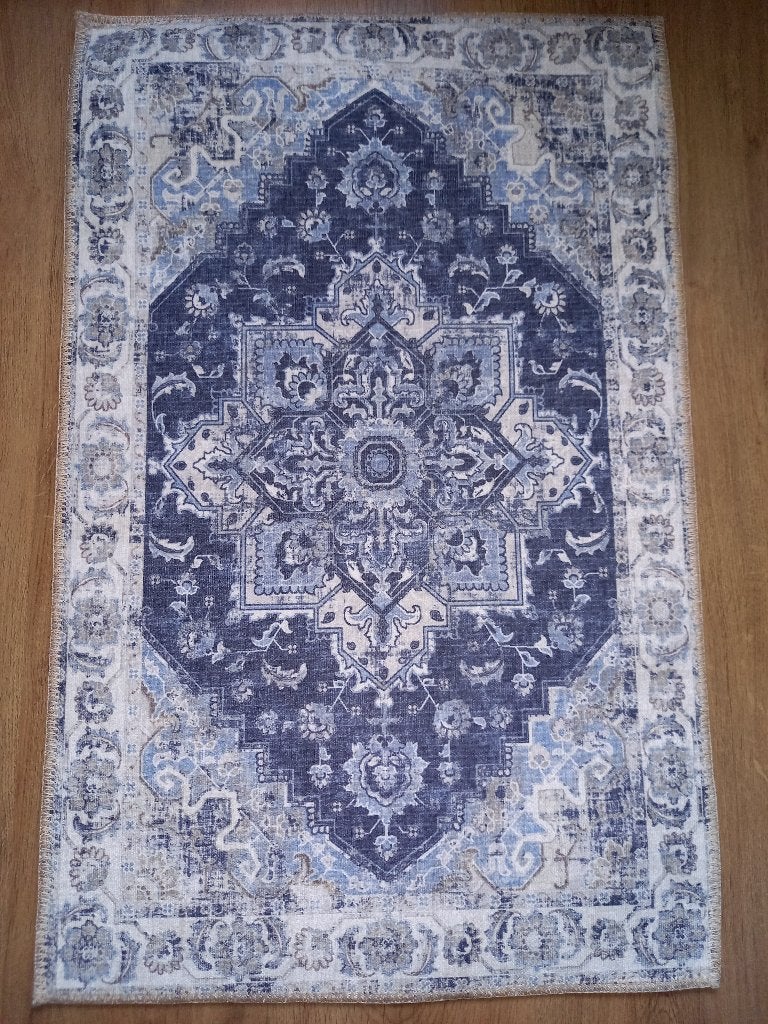 Vloerkleed met Oosters Patroon - Blauw/Crème -Bohemian Stijl, Nylon, Ophalen of Verzenden, Zo goed als nieuw, Droogloopmat