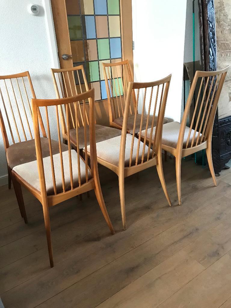 Set 6 vintage design spijlen stoel spijlenstoel Deens antiek, Huis en Inrichting, Stoelen, Gebruikt, Bruin, Ophalen of Verzenden