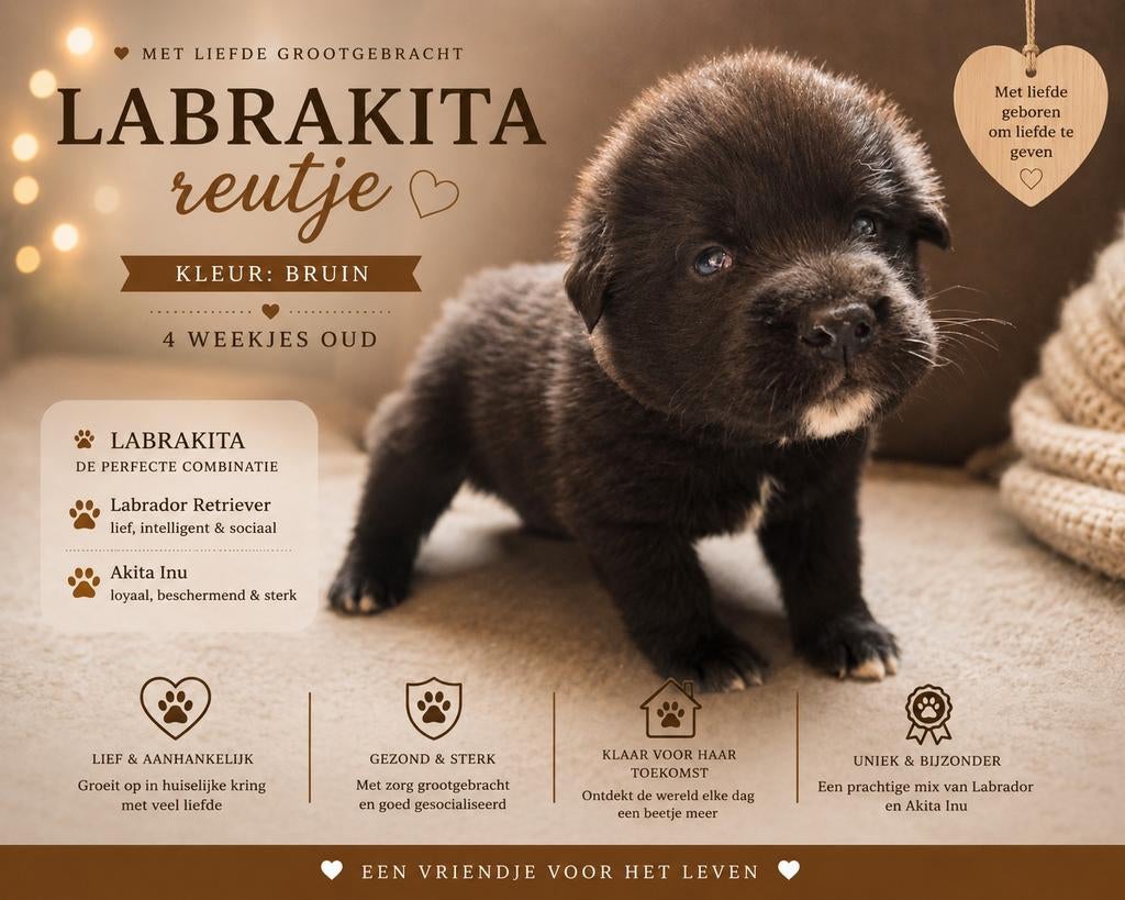 Unike Labrakita pups te koop (labrador x Akita), Parvo, 8 tot 15 weken, Labrador retriever, Meerdere