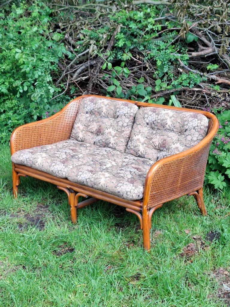 Oud vintage bamboe bankje 2 zits bankje boho bankstel ibiza, T, Tweepersoons, 75 tot 100 cm, Ophalen of Verzenden