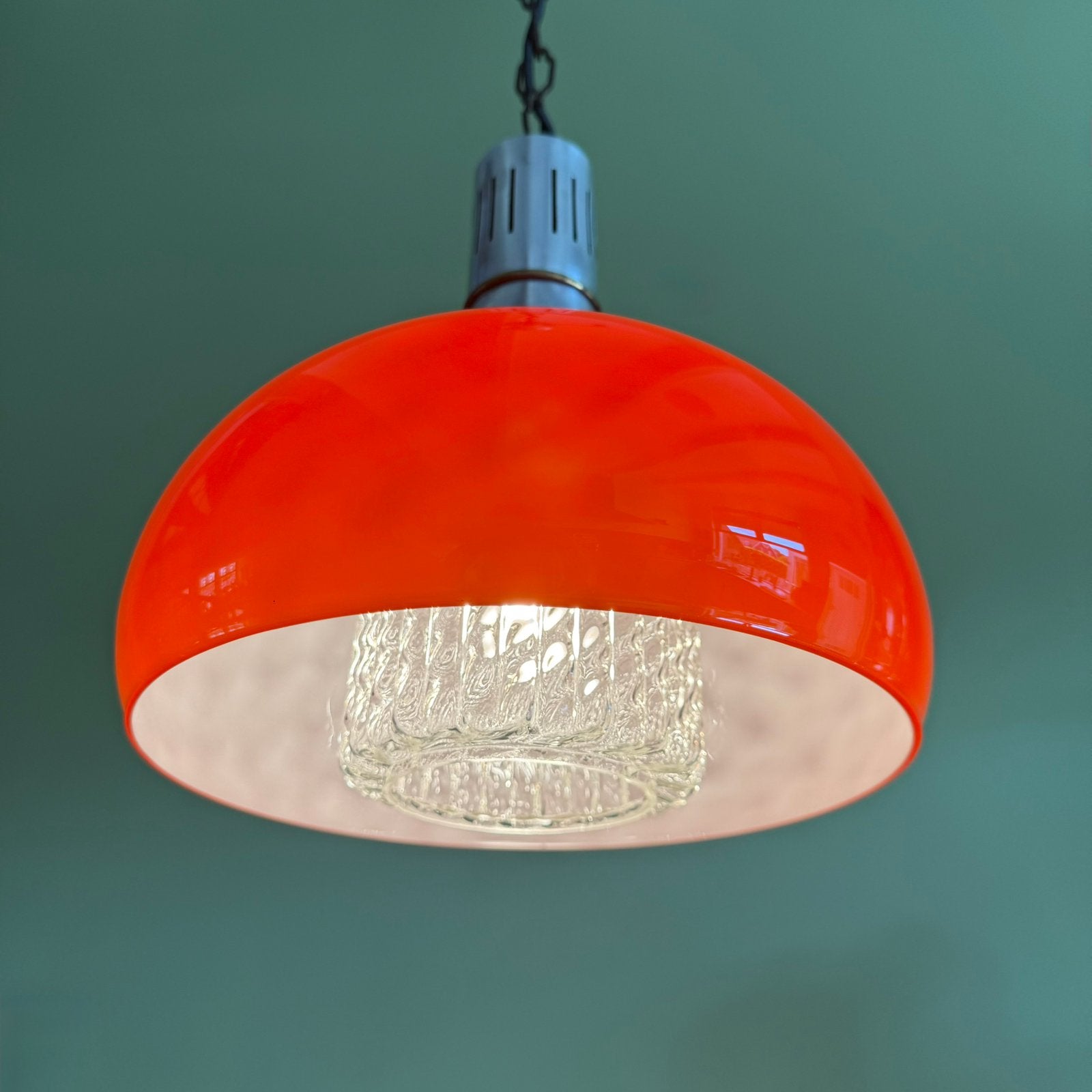 Oranje hanglamp, glas, chroom, vintage, retro, jr 60/70, Ophalen of Verzenden, Zo goed als nieuw, Glas
