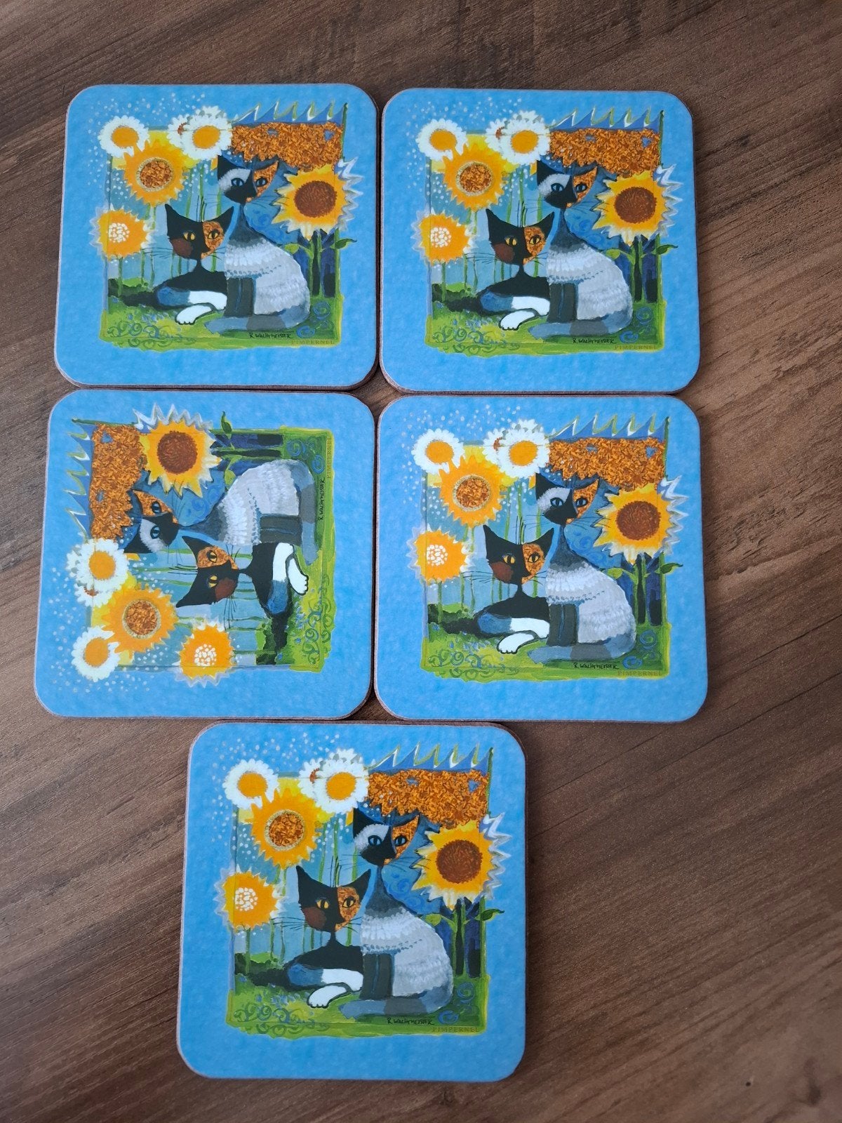 Onderzetters met katten en zonnebloemen (5 stuks), Kurk, Glasonderzetter, Meerkleurig, Ophalen of Verzenden