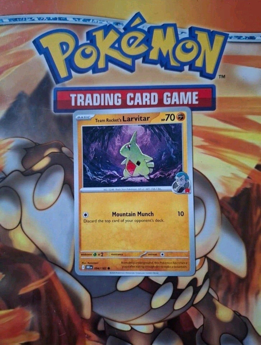 Team rocket's Larvitar 094/182 Destined Rivals nm-mint, Ophalen of Verzenden, Zo goed als nieuw, Losse kaart