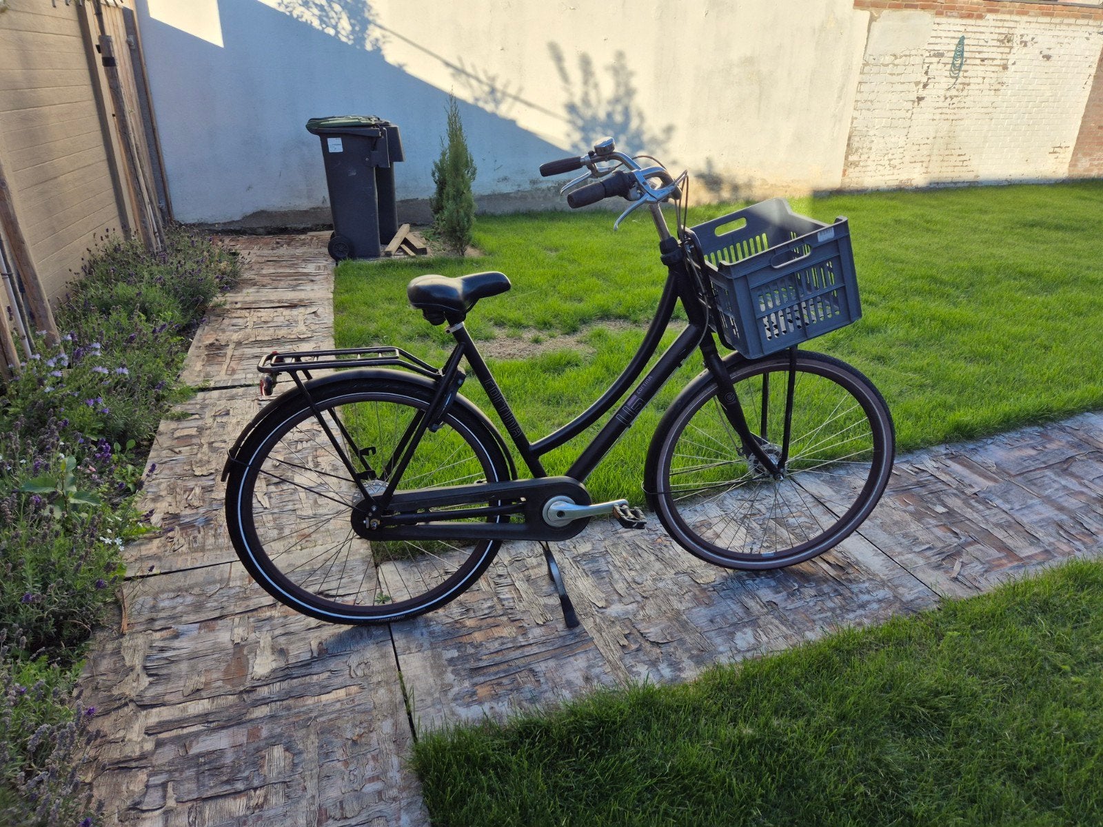 Zwarte Cortina U5 damesfiets met voordrager en krat