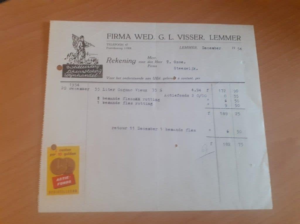 distilleerderij Visser Lemmer factuur 1954 sluitzegel, Ophalen of Verzenden, Zo goed als nieuw, Overige typen