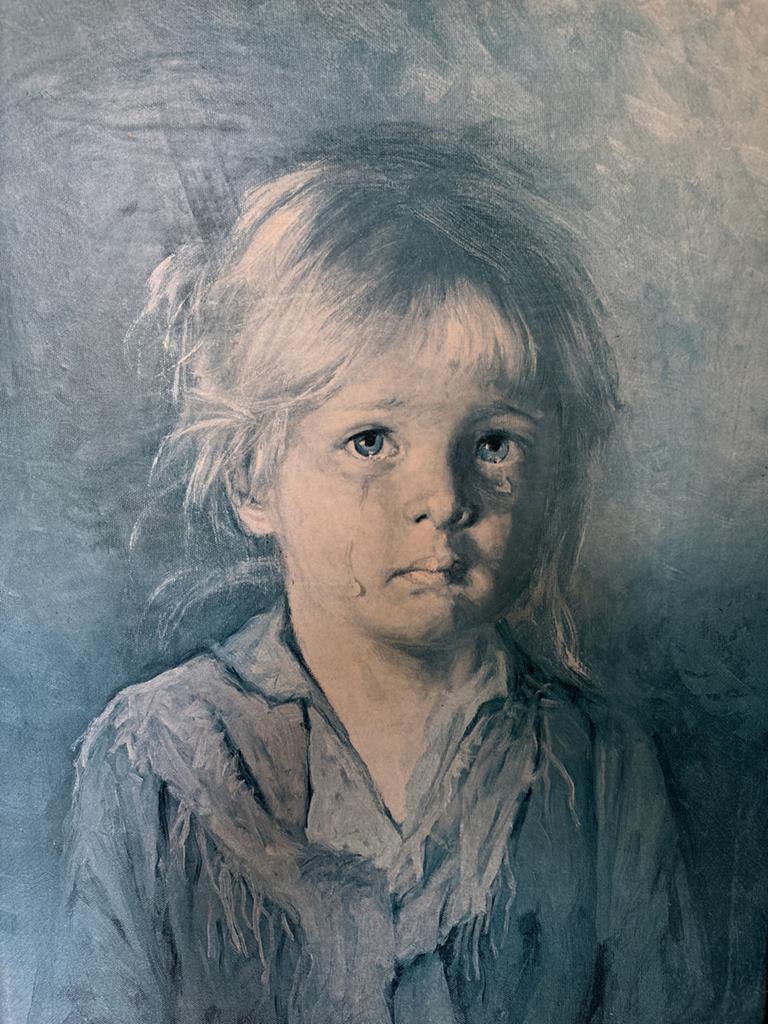 Vintage schilderij huilend kind, 56x76 cm, Ophalen of Verzenden