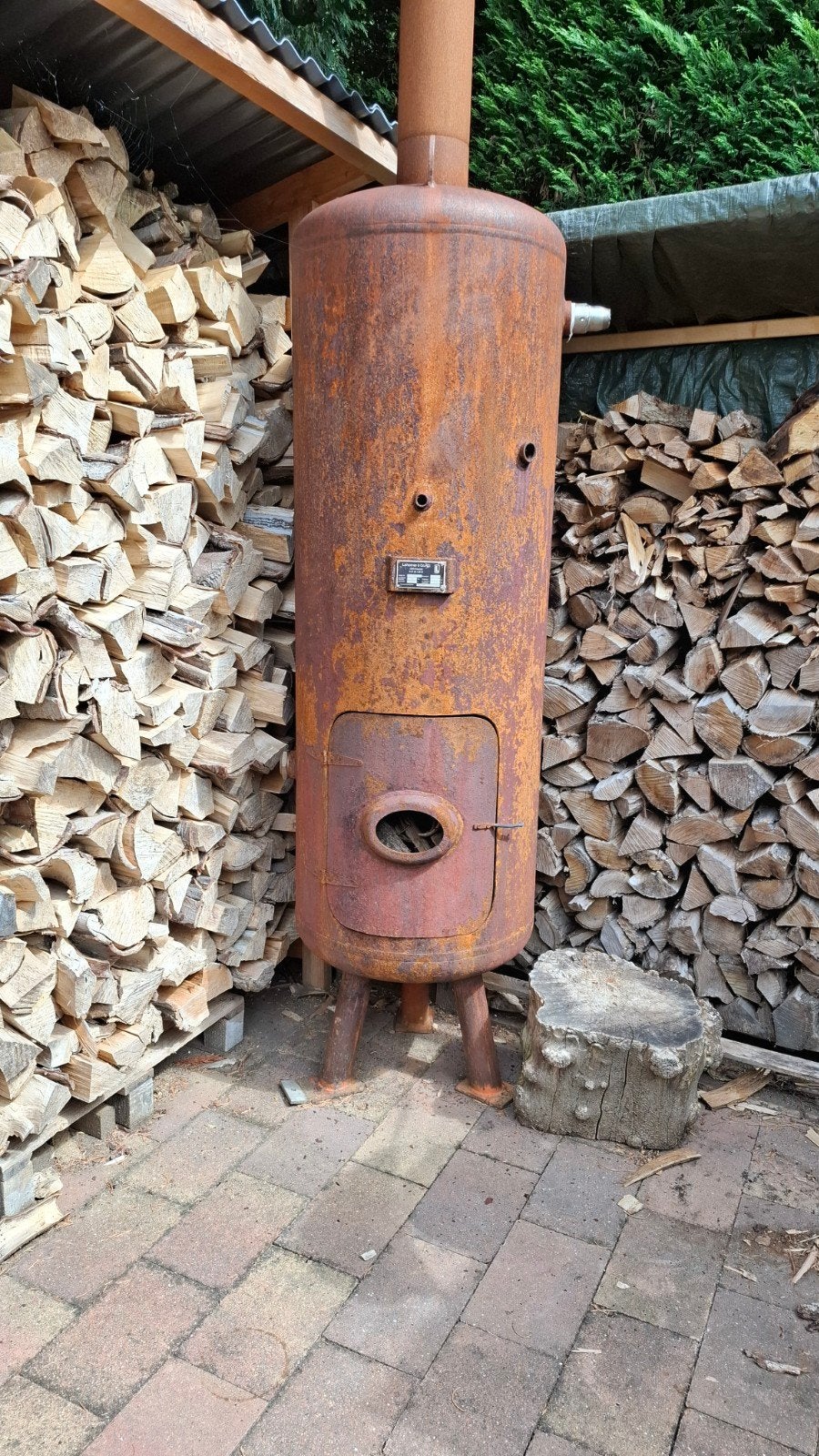 Grote buitenkachel / terraskachel van 500L vat, Ophalen, Gebruikt