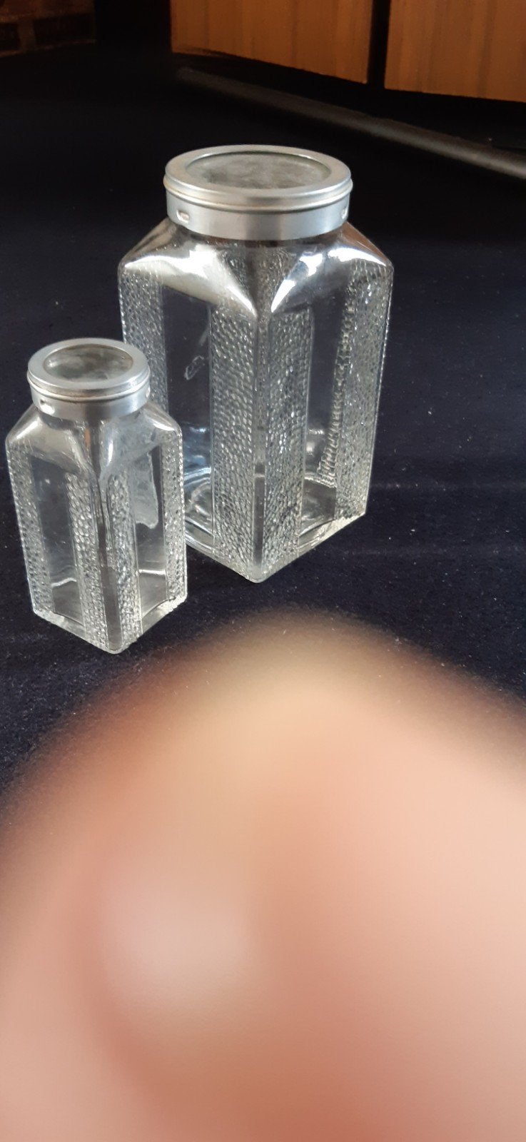 6 glazen potten/ keukenpotten uit oma's keuken vierkant/glad, Ophalen of Verzenden, Gebruikt, Glas, Pot, Bus of Blik