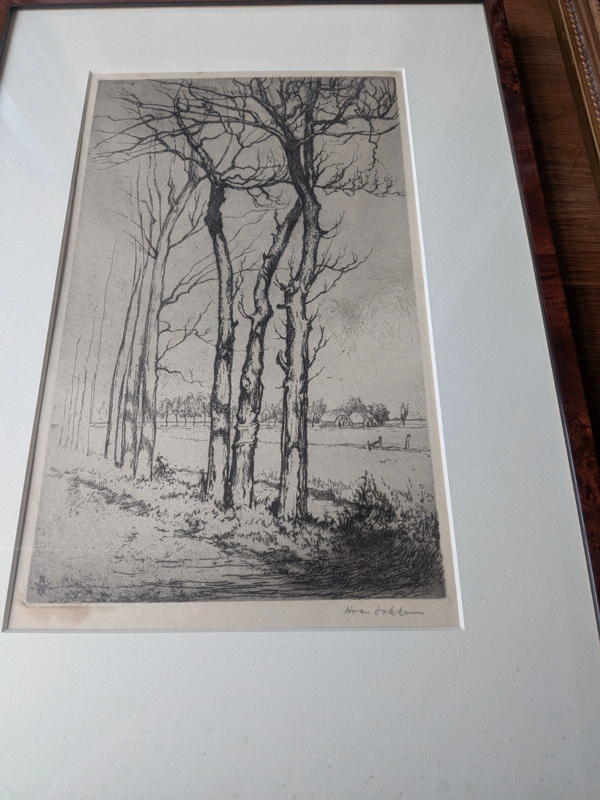 Landschap met bomen en boerderijen, gesigneerd, Ophalen of Verzenden, Landschap, Ets, Ingelijst