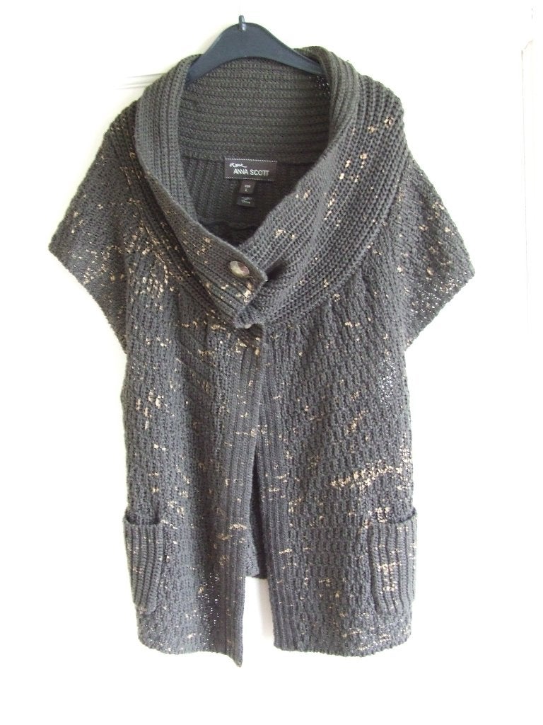 Anna Scott bruin/grijs vestje met goud applicatie L/40, Kleding | Dames, Truien en Vesten, Maat 38/40 (M), Overige kleuren, Anna Scott