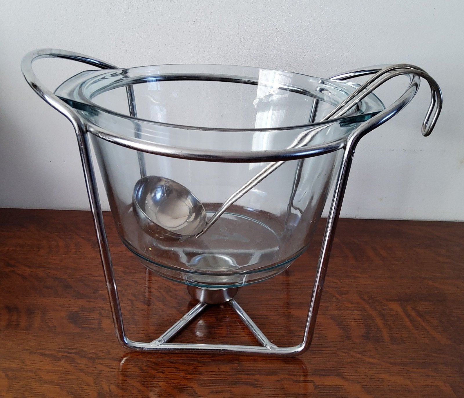 V Glazen Punch Bowl met Metalen Houder en Lepel, Ophalen of Verzenden