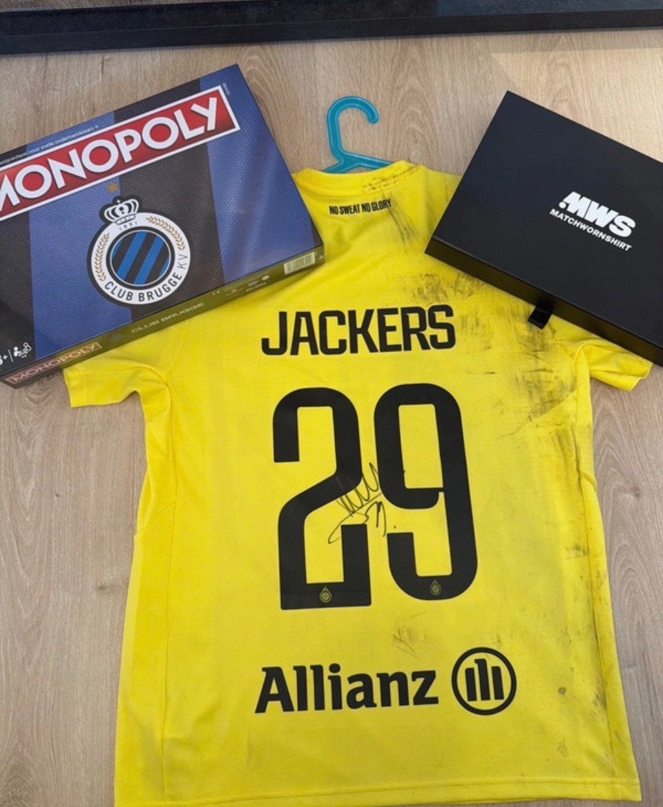 Gesigneerd Club Brugge Jackers shirt + Monopoly, Ophalen of Verzenden, Gebruikt, Buitenlandse clubs, Shirt