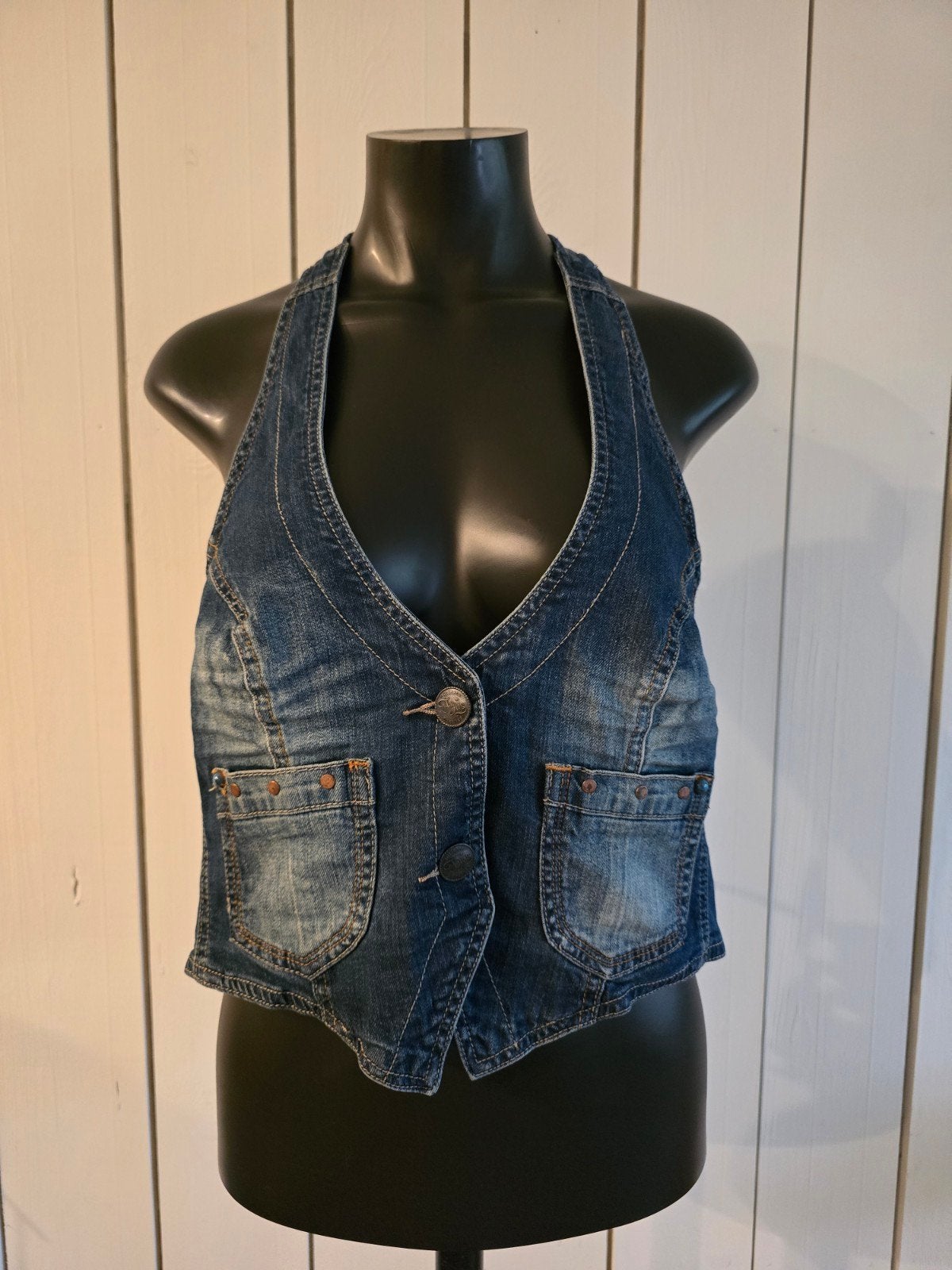 Miss Etam halter gilet jeans maat 44 blauw, Blauw, Maat 42/44 (L), Ophalen of Verzenden, Zo goed als nieuw
