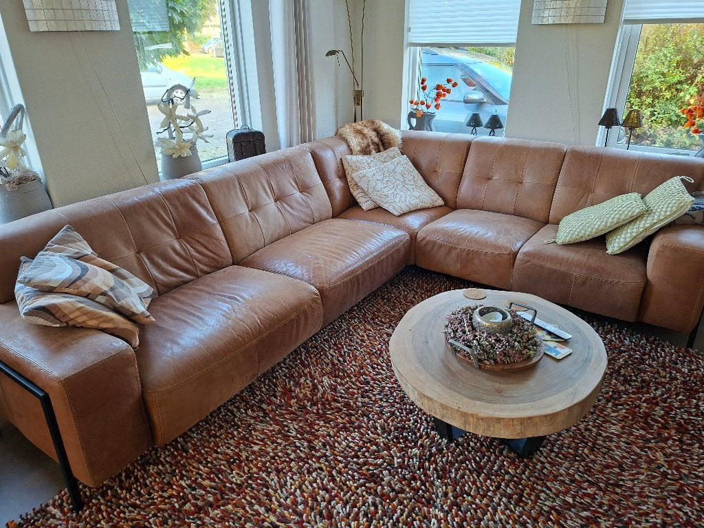 Hoekbank buffelleer cognac kleur, 250 tot 300 cm, Hoekbank, Ophalen of Verzenden, Zo goed als nieuw