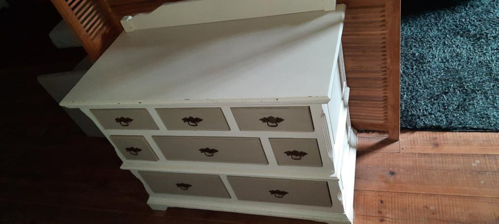 Vintage Commode met 7 Lades - Crème en Taupe, Gebruikt, 50 tot 70 cm, Ophalen of Verzenden, 100 cm of meer