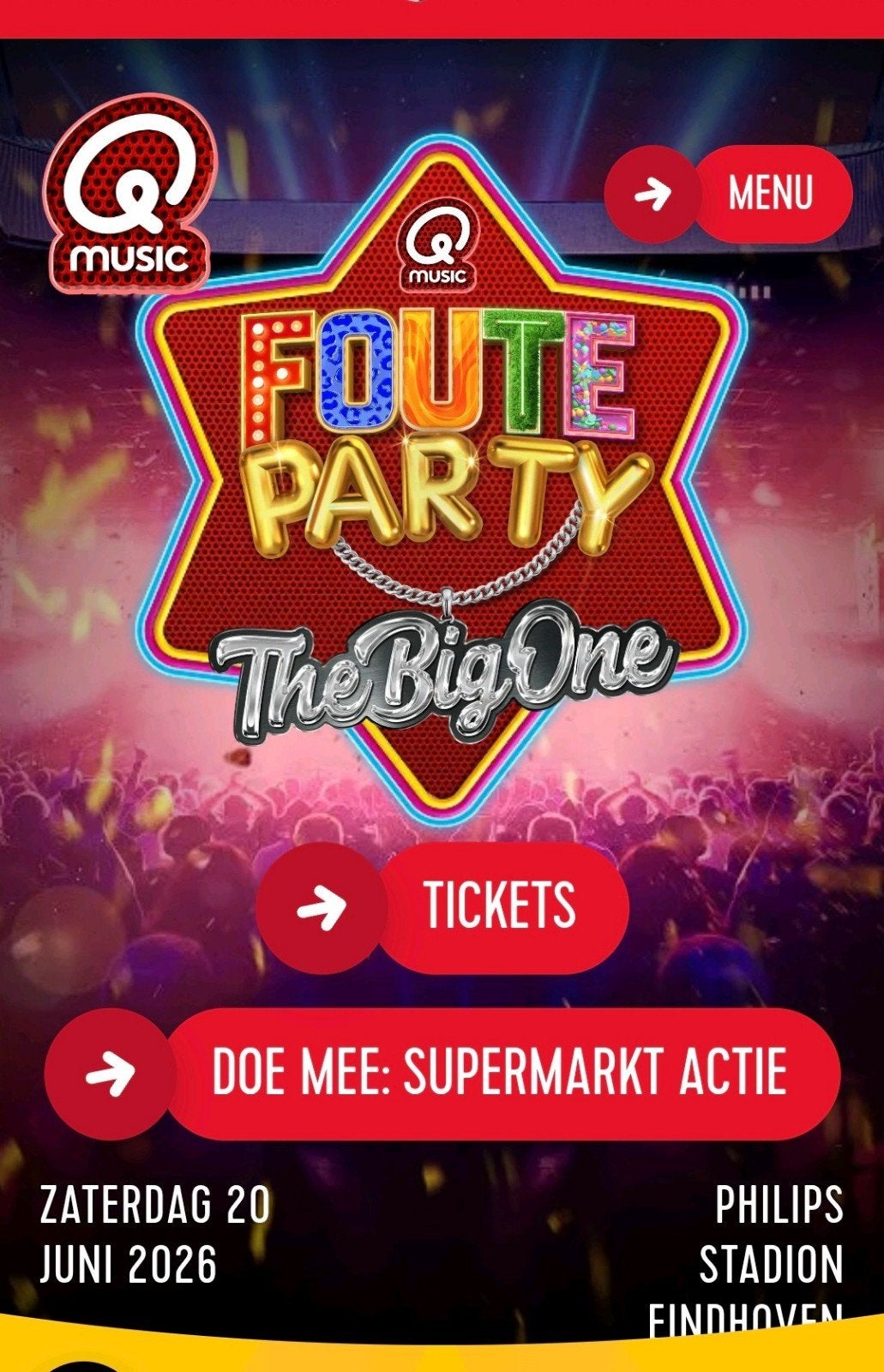 1 kaartje Qmusic foute party Eindhoven 20 juni te koop, Tickets en Kaartjes, Evenementen en Festivals, Eén persoon